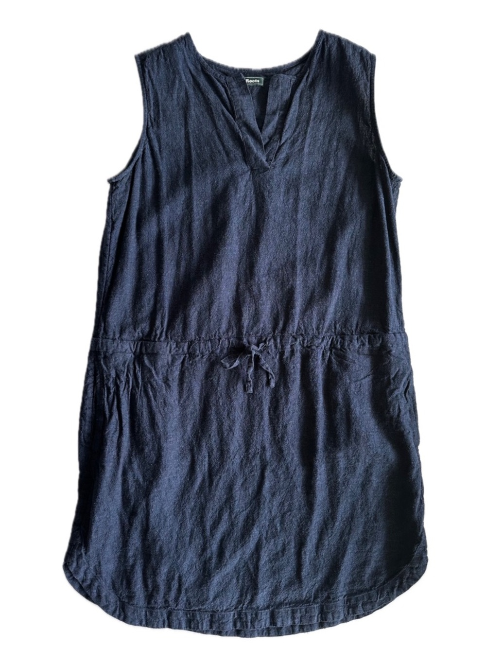 Roots Blue Linen Dress Babydoll Sleeveless Drawcord Curved Hem Pockets Medium
